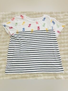 LOFT White Navy Striped Tee with Multicolor Pineapple Print